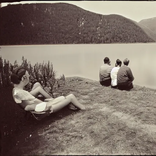 Image similar to photograph from the 5 0 s of people sitting by a lake in summer, degraded, aged, light leak