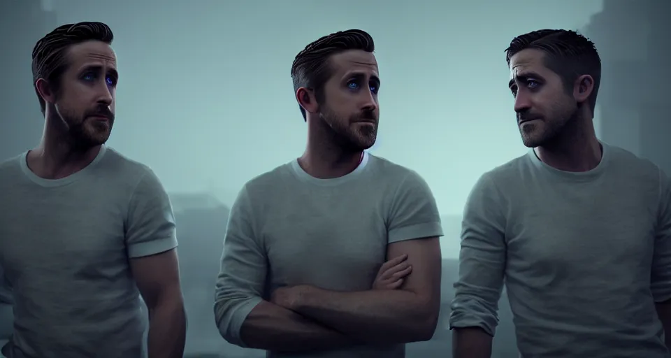 Prompt: ryan gosling and jake gyllenhaal posing dramatically together rendered in unreal engine 5, by wlop, greg rutkowski, and peter mohrbacher, octane render, ultra high detail, ultra realistic 3 d, extremely detailed shading, ray tracing, concept art, character design, trending on artstation, unreal engine 5, gritty atmosphere, glow, cinematic lighting, full of color