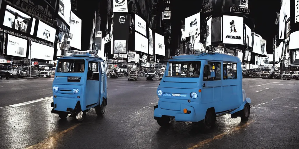 Prompt: a blue and white tuk tuk in Times Square at night, dark washed tint, dream-like heavy atmosphere, dark baroque painting, beautiful detailed intricate insanely detailed octane render trending on Artstation, 8K artistic photography, photorealistic, dramatic volumetric cinematic perfect light, chiaroscuro, award-winning photograph, masterpiece, Raphael, Caravaggio, Beksinski, Giger, 4k