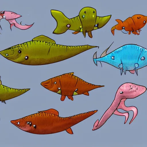 Image similar to fish dinosaur chibi style concept art