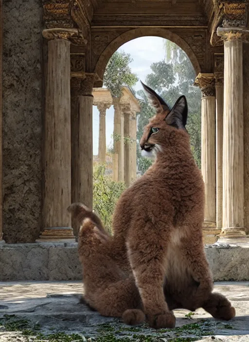 Image similar to hyper realistic fluffy caracal in ancient greek city, marble columns, temple, olive trees, atmospheric beautiful details, strong composition painted by kim jung giu weta studio rutkowski, james gurney and greg rutkowski, and lucasfilm