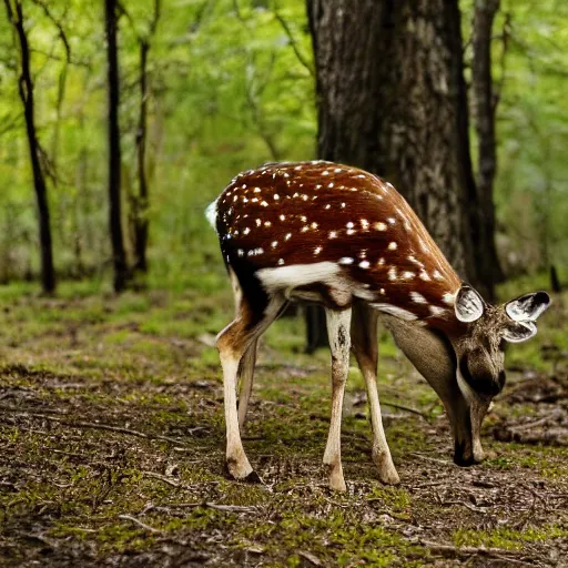 Prompt: a beautiful spotted deer in the woods, canon eos c 3 0 0, ƒ 1. 8, 3 5 mm