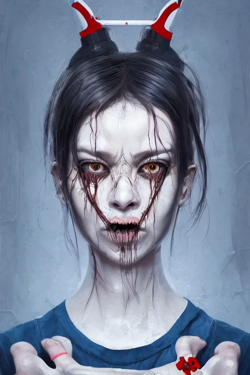 Image similar to cartoon portrait of a creepy horror nurse girl . intricate abstract. intricate artwork. nightmare fuel. terrifying. by Tooth Wu, wlop, dan mumford , trending on artstation, greg rutkowski very coherent symmetrical artwork. cinematic, hyper realism, high detail, octane render, 8k