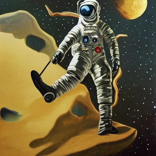 Image similar to painting of john wick in astronaut suit fighting with predators on the moon, created by salvador dali, pistols