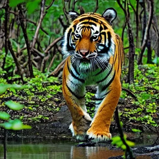 Prompt: wildlife photograph of a tiger walking in a dark mangrove forest, National geographic