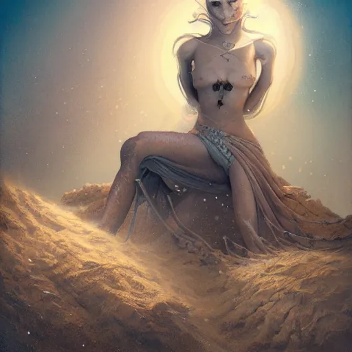 Prompt: a hyperrealistic illustration of a monster covered in sand, desert with rocks with fractal sunlight, award-winning, masterpiece, in the style of Tom Bagshaw, Cedric Peyravernay, Peter Mohrbacher