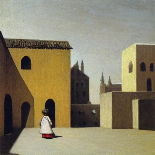 Image similar to in the distance, a little girl with short black hair and wearing a yellow coat alone in the inner courtyard of an abbey, the light is bright and wintry, painting by hopper and de chirico