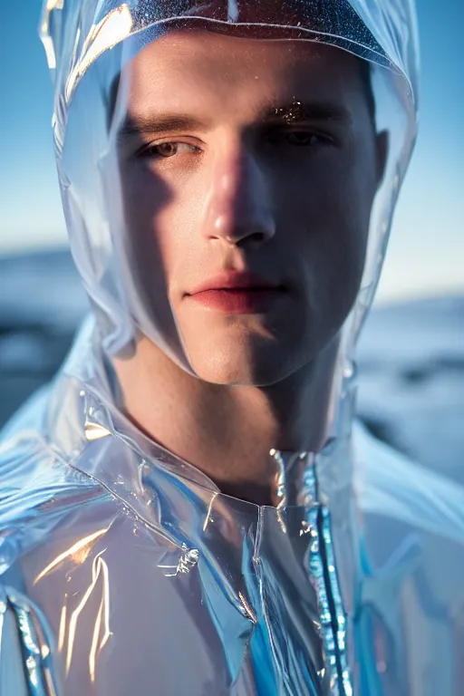 Image similar to an ultra high definition professional high fashion portrait studio full length photograph of a male model wearing a transparent pearlescent raincoat and neon visor in an icelandic black rock environment at dawn. no artefacts. extremely detailed. stark. refraction. shallow depth of field. volumetric light and shadow. ray tracing. light rays.