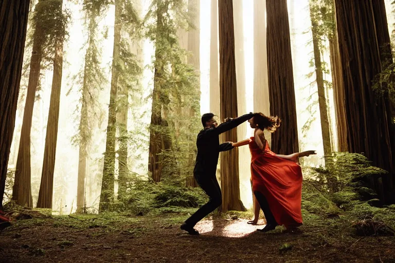 Image similar to cinematography closeup portrait of couple dancing in the redwood forest, thin flowing fabric, natural light by Emmanuel Lubezki