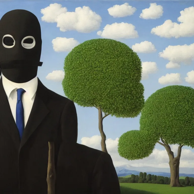 Image similar to portrait of a faceless masked - head man in a suit and black gloves, clouds and nature landscape in the background, by rene magritte, detailed painting, distance, centered, hd, hq, high resolution, high detail, 4 k, 8 k