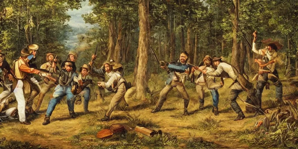 Prompt: 1800s painting of a country folk family shooting at zombies in the woods