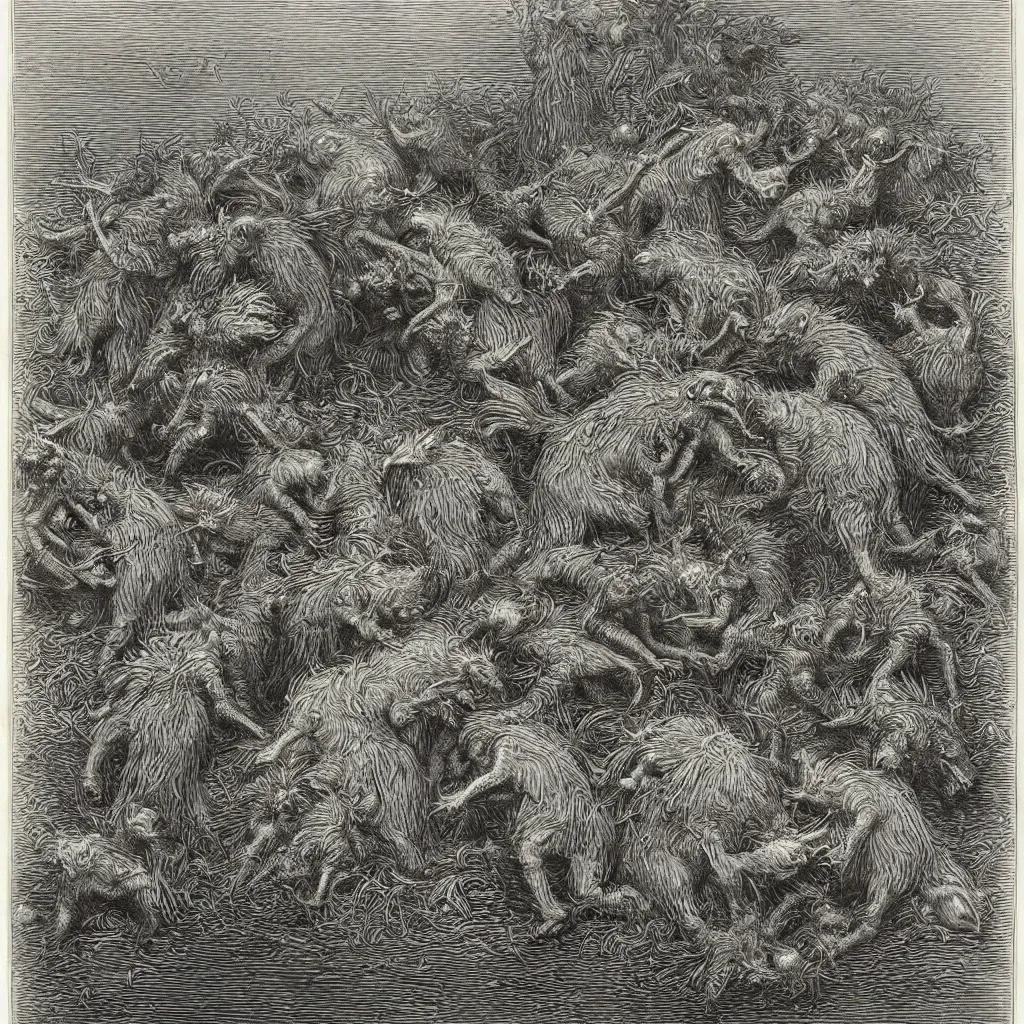 Image similar to hedgehogs biting each other, etching, engraving, Gustave Doré