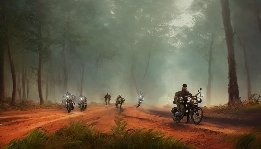 Prompt: a british officer driving a motorcycle alone in 1921 in kerala forest road, local people chasing to attack, furious action scene, chase, an epic fantasy, dramatic lighting, cinematic, establishing shot, extremely high detail, photorealistic, cinematic lighting, artstation, by simon stalenhag, horizon forbidden west