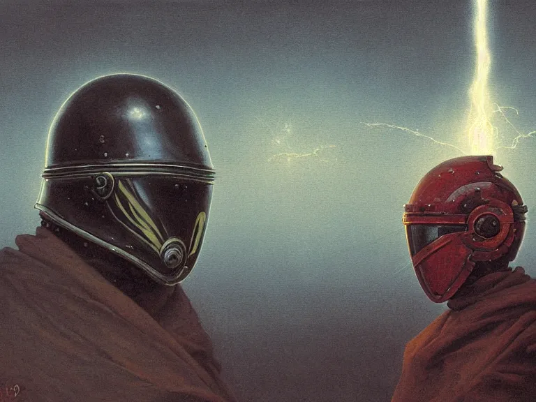 Image similar to a detailed profile painting of a bounty hunter in polished armour and visor. Fencing mask and shroud. cinematic sci-fi poster. Cloth and metal. Welding, fire, flames, samurai Flight suit, accurate anatomy portrait symmetrical and science fiction theme with lightning, aurora lighting clouds and stars. Clean and minimal design by beksinski carl spitzweg giger and tuomas korpi. baroque elements. baroque element. intricate artwork by caravaggio. Oil painting. Trending on artstation. 8k