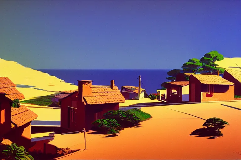 Image similar to a small village on top of a hill near the sea, painted by Syd Mead, Low key lighting, ultra detailed, 8k