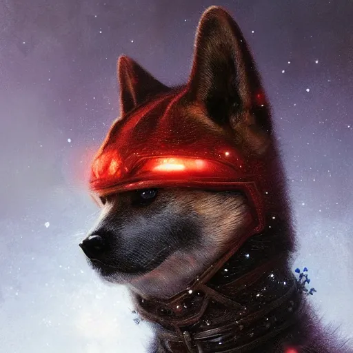 Prompt: anthropomorphic shiba inu, wearing berserk armor, dark glowing red aura, fantasy, dark graveyard scene, portrait art by donato giancola and greg rutkowski, realistic face, digital art, trending on artstation, symmetry