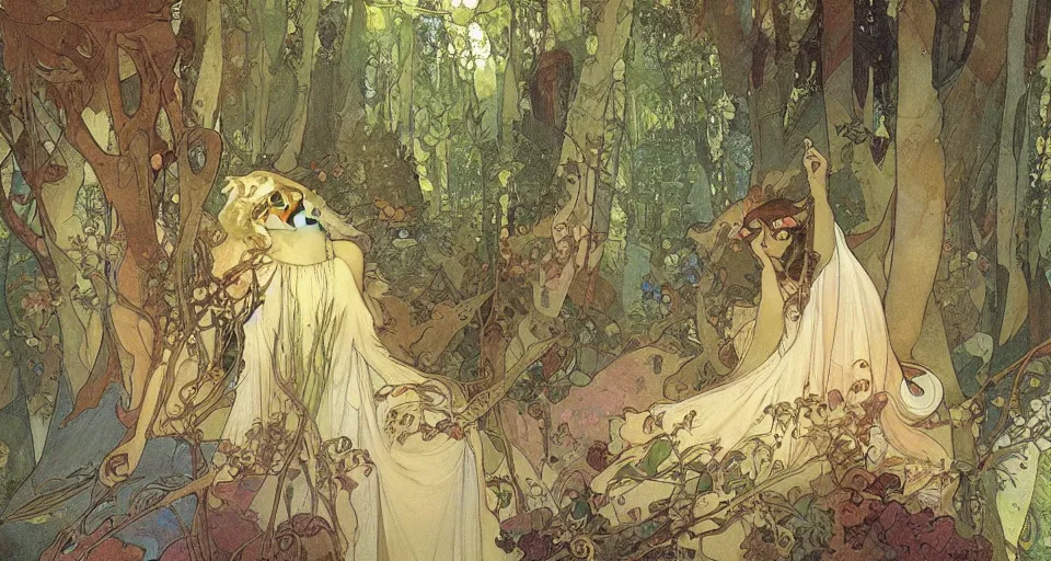 Image similar to Enchanted and magic forest, by Alfons Maria Mucha