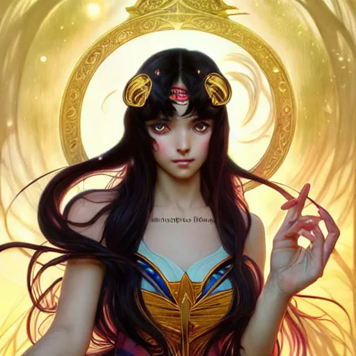 Image similar to a beautiful girl with long dark hair and bangs, sailor moon aesthetic, fantasy, intricate, elegant, highly detailed, digital painting, artstation, concept art, matte, sharp focus, illustration, art by Artgerm and Greg Rutkowski and Alphonse Mucha