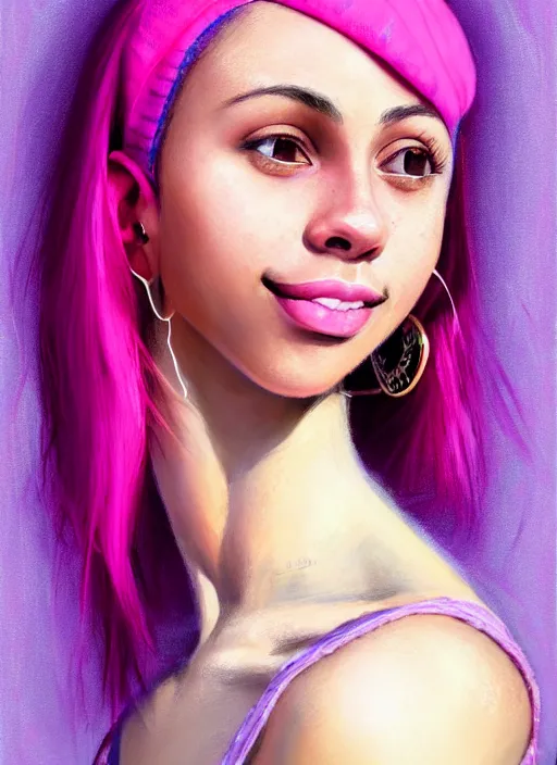 Image similar to portrait of teenage vanessa morgan with bright pink hair, vanessa morgan, curly pixie cut hair, wearing a purple breton cap, breton cap, subtle confident smile, hoop earrings, intricate, elegant, glowing lights, highly detailed, digital painting, artstation, concept art, smooth, sharp focus, illustration, art by wlop, mars ravelo and greg rutkowski