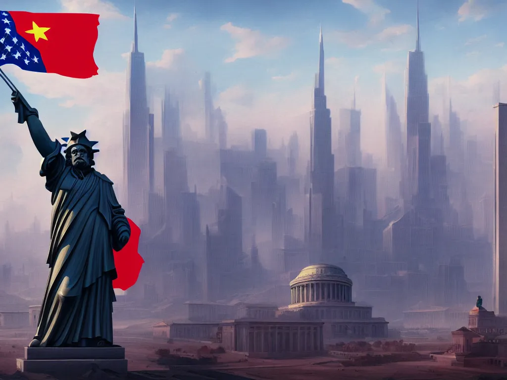 Image similar to landscape matte painting by fan wennan. communist american capitol megastructure shining in the sun after the triumph of socialism in america, communist american state flag, communist statue and emblem, digital painting, awe, bright future, hope, highly detailed, 4 k, artstation, photorealistic, architecture, america 2 0 9 8