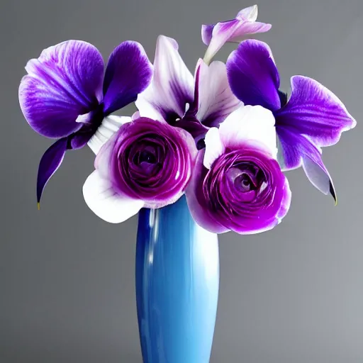 Image similar to blue and purple genetically modified blend of rose lily carnation orchid ranunculus!!! anenome, floral arrangement in futuristic!! vase made of mother of pearl, architectural digest, year 2 3 0 0