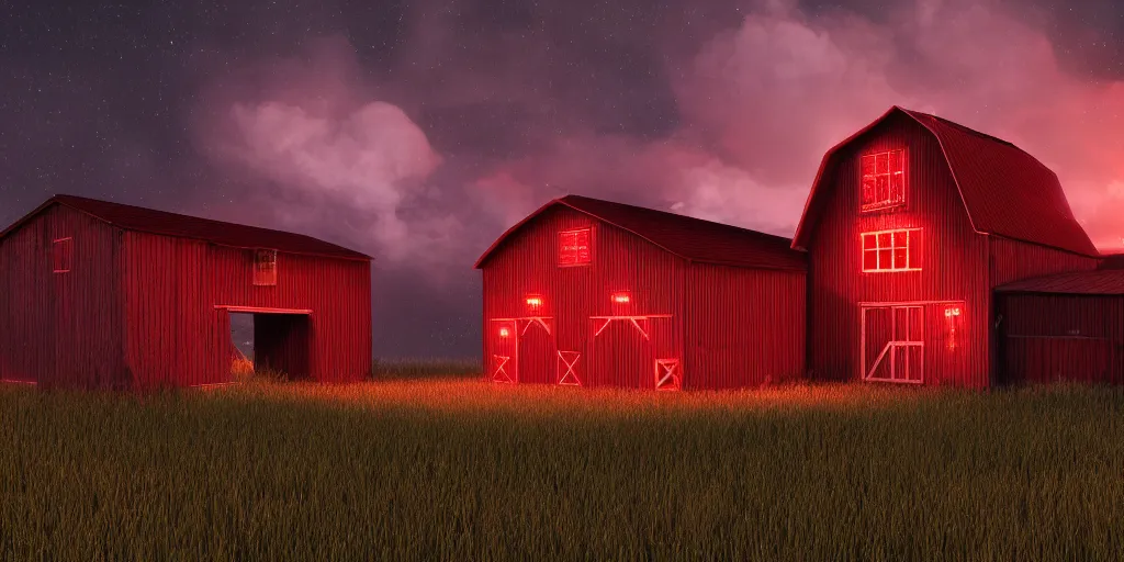 Prompt: a highly detailed photographic render of a barn with glowing red windows at night, a giant insect leans over it, beautifully lit, ray traced, octane 3D render, octane render, unreal engine
