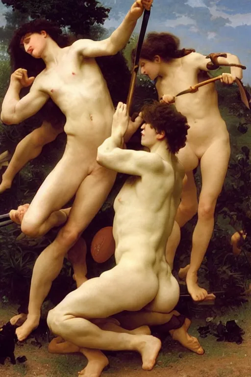 Prompt: battling Spartans against wolves in the style of  William Adolphe Bouguereau