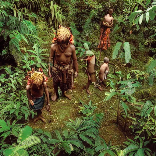 Prompt: aerial realistic expired fuji film photograph of india tribe in jungle with strange creatures