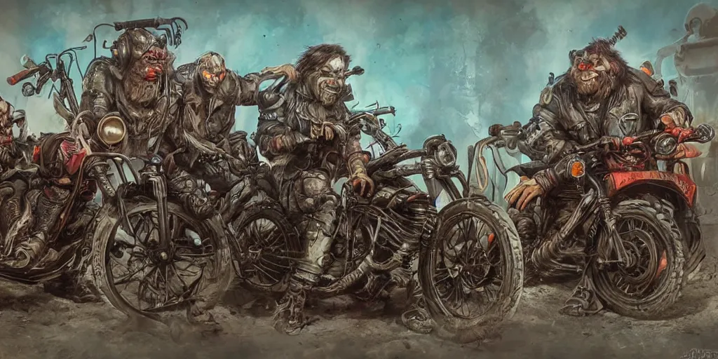 Prompt: psychedelic post-apocalyptic orcish motorcycle gang, featured on artstation