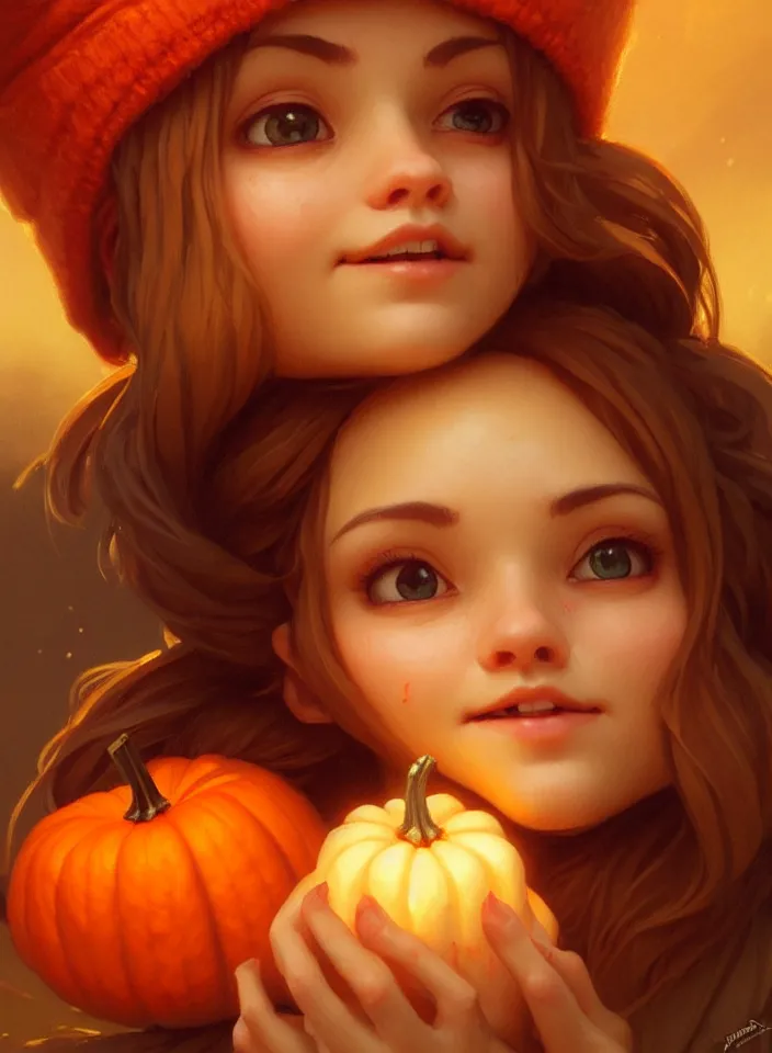 Image similar to hand drawn cute one gnomes face in autumn and pumpkin, detailed closeup face, concept art, low angle, high detail, warm lighting, volumetric, godrays, vivid, beautiful, trending on artstation, art by artgerm and greg rutkowski and alphonse mucha