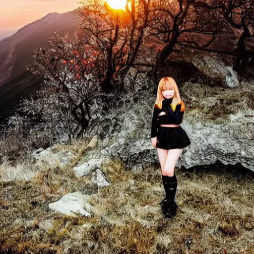 Image similar to misa amane standing near a beautiful landscape, mountain with a dead tree in the background, sunset with cloudy skies, in a different realm, award winning dslr photography, clear image, global illumination, radiant lighting, intricate environment