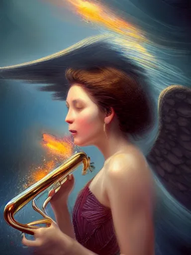 Prompt: a beautiful angel blowing a trumpet. fire rain, the end of times. intricate, elegant, highly detailed, digital painting, artstation, concept art, sharp focus, illustration, by justin gerard and artgerm, 8 k