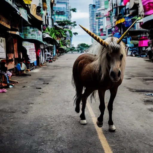 Image similar to photo of a unicorn wandering the streets of philippines, award - winning photograph, national geographic, 8 k uhd