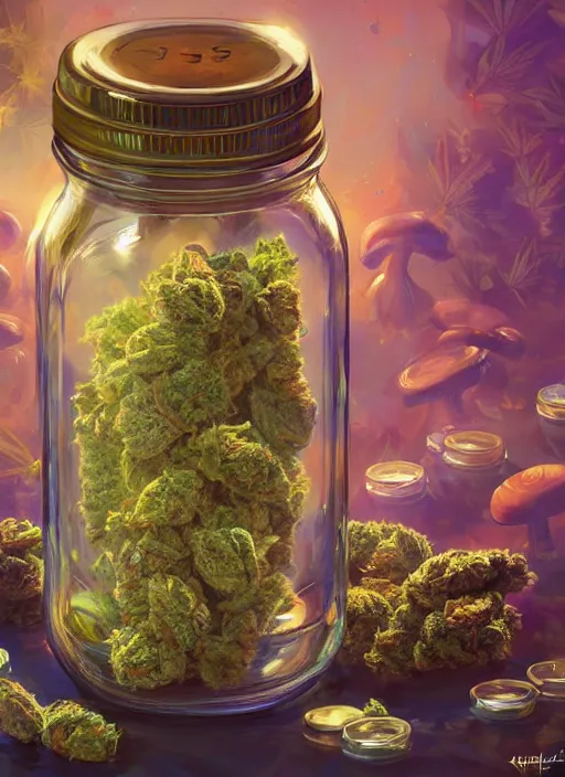 Prompt: detailed surreal digital painting of a mason jar full of cannabis buds, mushrooms and pills by artstation, fanart behance hd by jesper ejsing, by rhads, makoto shinkai and lois van baarle, ilya kuvshinov, rossdraws, purple haze, global illumination, blacklight, detailed and intricate environment