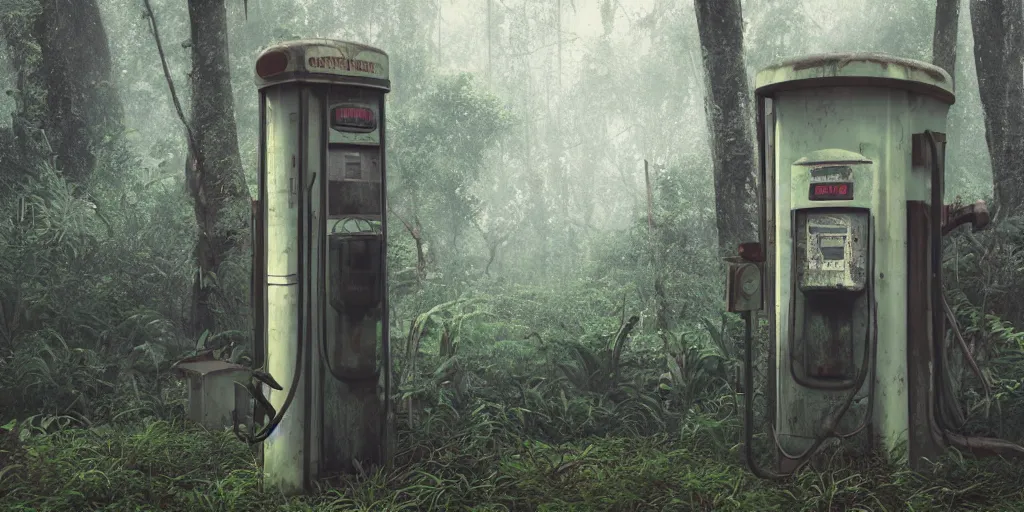 Image similar to old abandoned gas pump somewhere in the rainforest. nature is taking over. matte painting in the style of craig mullins. mist. cinematic. octane render.