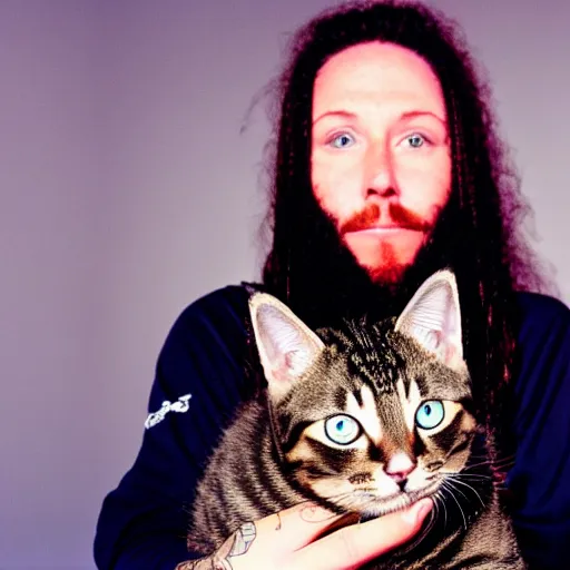 Prompt: Brian Welch holding a kitty, photo