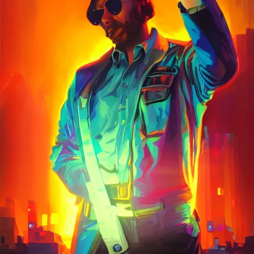 Image similar to Bright, colorful, realistic disco elysium single individual dramatic backlighting, kodachrome, high contrast, highly detailed, sharp focus, digital painting, concept art, illustration, trending on artstation, comic book by Alex Ross cover art