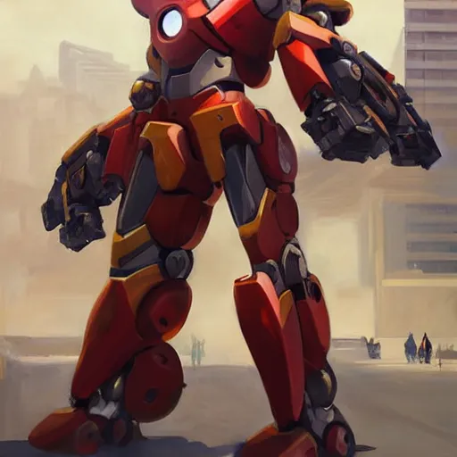 Image similar to greg manchess portrait painting of armed mega shonen mecha ironman as overwatch character, medium shot, asymmetrical, profile picture, organic painting, sunny day, matte painting, bold shapes, hard edges, street art, trending on artstation, by huang guangjian and gil elvgren and sachin teng