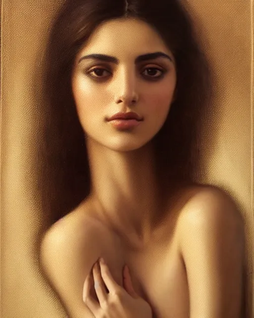 Image similar to a highly realistic, true to life portrait of a beautiful young middle eastern girl, soft focus, from the waist up, with sharp features, a beautiful face, soft smile, under studio lighting, taken with a canon eos camera with 1 3 5 mm focal length, art by karol bak, james jean, tom bagshaw, trending on artstation,