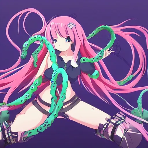 Image similar to Anime tentacle monster, anime shot, action shot, trending anime