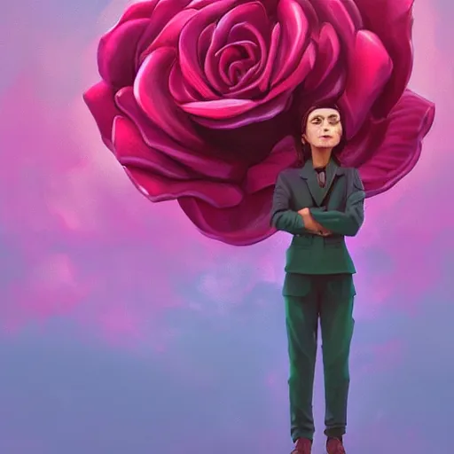 Image similar to closeup, huge rose flower face, frontal, girl in a suit, surreal photography, sunrise, dramatic light, impressionist painting, digital painting, artstation, simon stalenhag