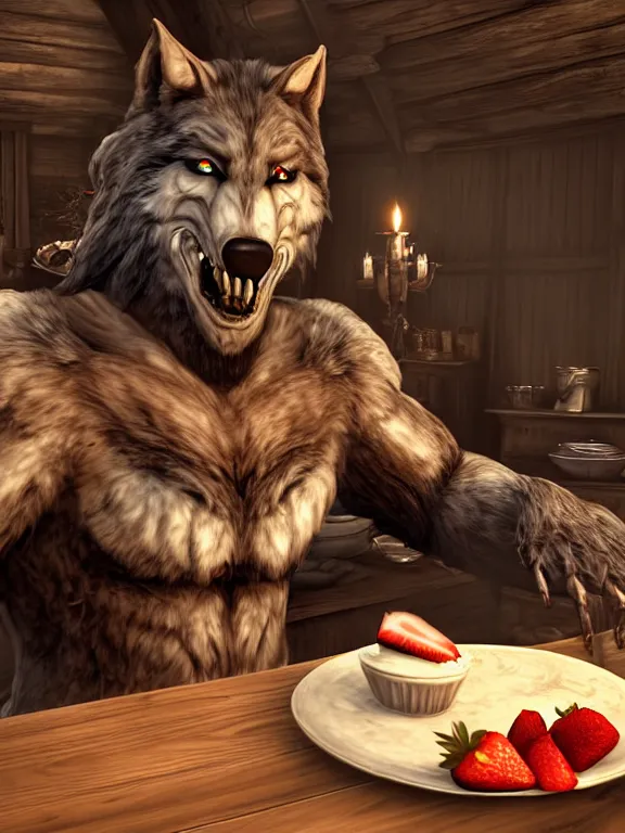 Prompt: cute!!! handsome cuddly burly surly relaxed calm timid werewolf from van helsing sitting down at the breakfast table in the kitchen of a normal country home cooking having fun lighthearted whimsy baking strawberry tart cakes unreal engine hyperreallistic render 8k character concept art masterpiece screenshot from the video game the Elder Scrolls V: Skyrim