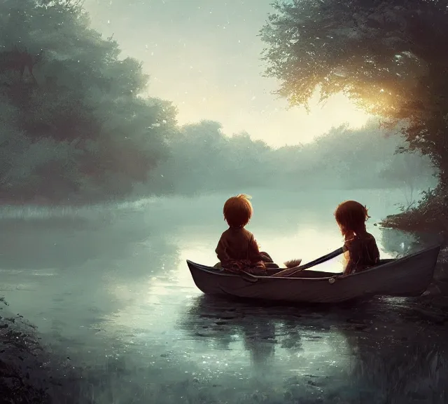 Image similar to a boy and a girl with long flowing auburn hair sitting together on the rowboat. Atmospheric lighting, long shot, romantic, boy and girl are the focus, trees, river. details, sharp focus, illustration, by Jordan Grimmer and greg rutkowski, Trending artstation, pixiv, digital art