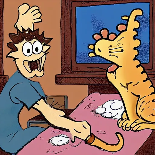 Prompt: jon arbuckle as a lovecraftian monster petting garfield the cat