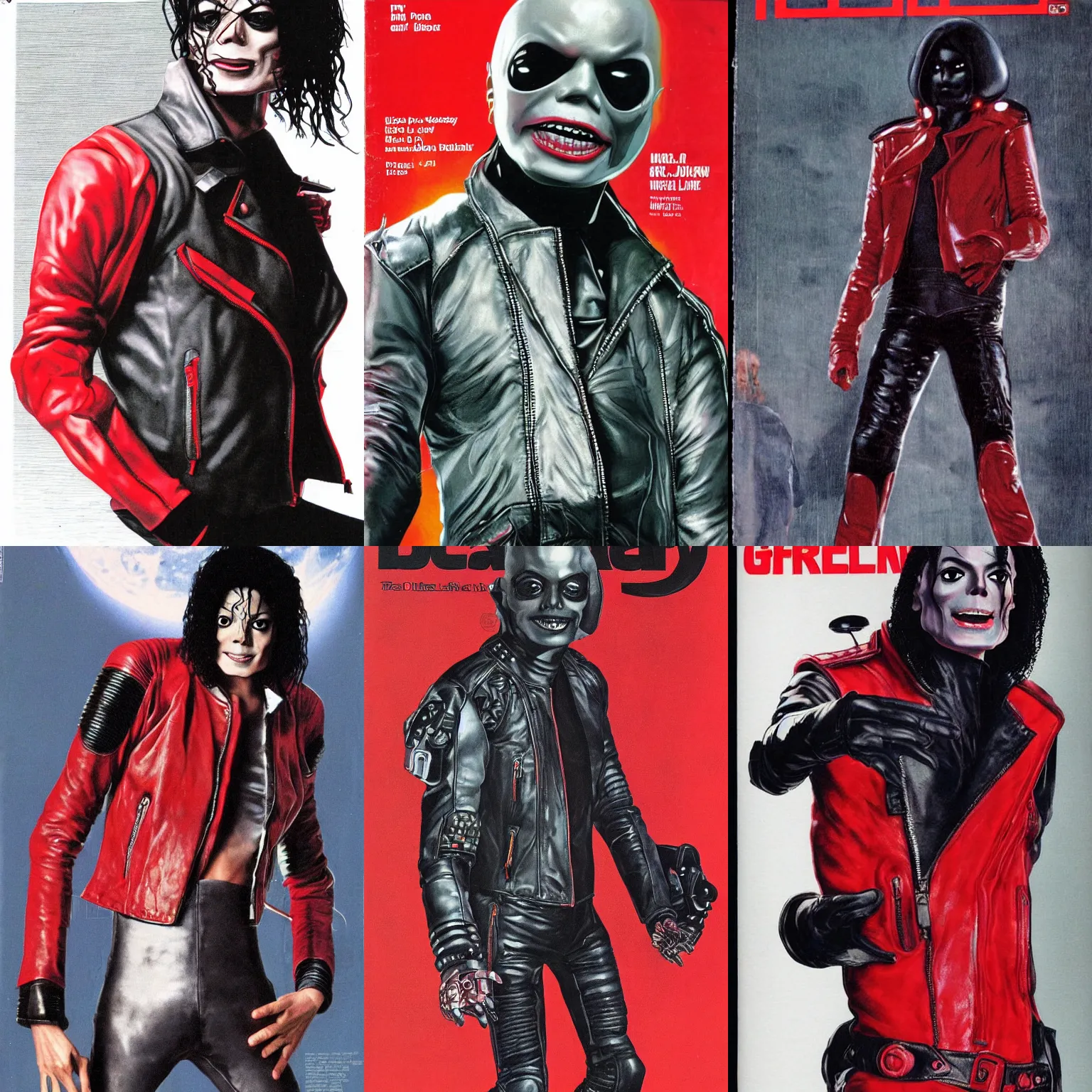 Prompt: bald michael jackson, with grey skin, huge bulbous pitch black eyes, sectoid, alien, wearing the red leather motorcycle jacket from thriller, cyberpunk illustration. scifi fashion magazine cover.