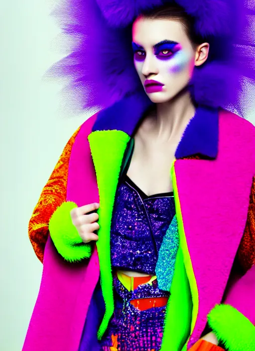 Image similar to coat for a rave, bright colors, many details, prints, photo for a magazine, photo for a store, fashion photography, Vogue, 135 mm, cinematic, hyper realism, high detail, 8k, chrome accents, perfect face