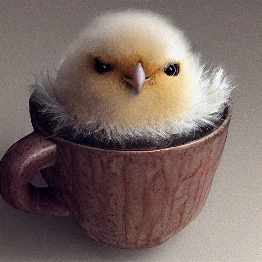 Image similar to long shot of a cute fluffy furry chick nesting in a antique coffee cup, by esao andrews, by m. w. kaluta, humorous illustration, hyperrealistic, tilt shift, warm colors, night scenery, low light, 3 d octane render, 4 k, volumetric lights, smooth, cosy atmosphere, conceptart, hyperdetailed, trending on deviantart