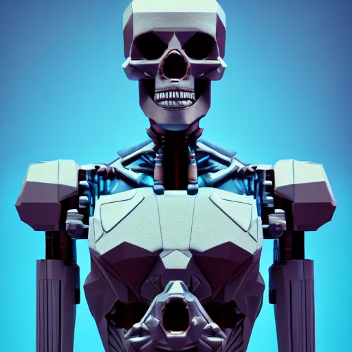 Prompt: portrait of cybernetic overlord of the metaverse, skull, upper torso included, medium shot, 1 0 0 mm lens, hard surface, ceramics, reflections, ambient occlusion, raytracing, unreal engine 5, pixel art 8 - bit, by beeple