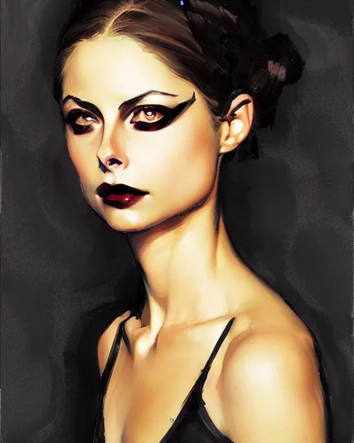 Image similar to style of dean cornwell, artgerm : : gorgeous willa holland : : evil witch, swirling black magic, black dress : : symmetrical face, symmetrical eyes : : full body pose : : gorgeous black hair : : magic lighting, low spacial lighting : :