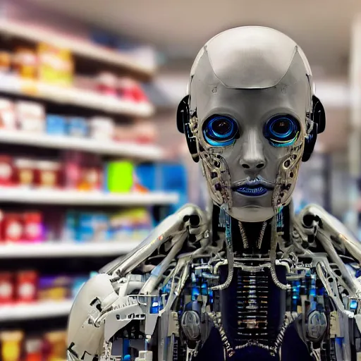 Prompt: photo of a human cyborg!! in sale, in a store display, hiding a dark secret, highly detailed face, cyberpunk, year 3022, !!!medium full shot!!!, depth of field, ISO 300, aperture f11, 1/100 obturation speed